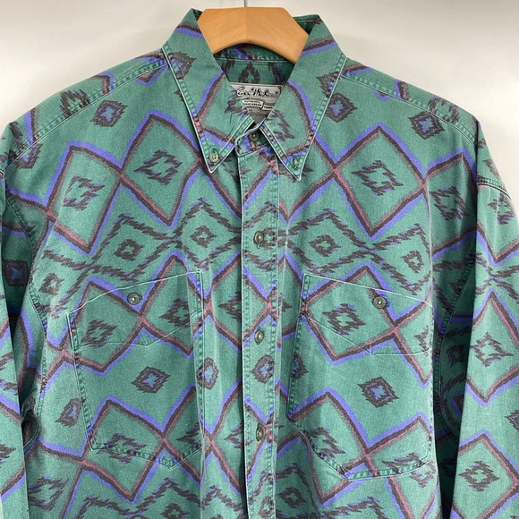 Larry Mahan Button Down Shirt Mens Size Large Green Blue Vintage Rodeo Geometric - Picture 2 of 11